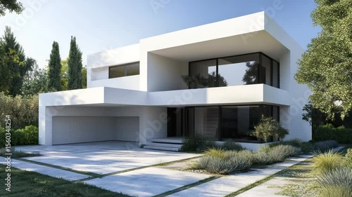 Modern white house with landscaped yard