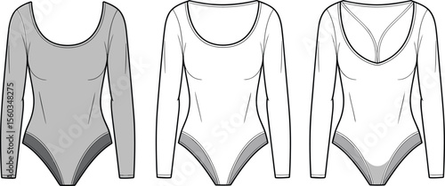 Long sleeve bodysuit flat sketch, fashion technical drawing, scoop neck design, women's tight fit garment illustration for fashion designers and brands. flat vector illustration