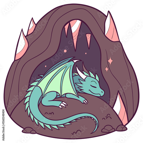 A sleeping teal dragon with light green wings resting inside a cave with pink crystals and stars above it