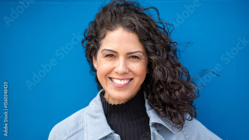 Confident woman with curly hair smiling at the camera against a bright blue background, wearing a denim jacket and black turtleneck.