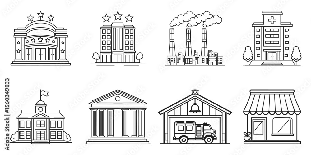 Fototapeta premium Building Icon Set. Urban Infrastructure And Public Services Collection. Isolated Vector Illustration