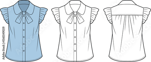 Ruffle sleeve blouse technical flat sketch with bow tie, button down shirt design for women's fashion, clothing illustration, apparel template drawing. flat vector illustration