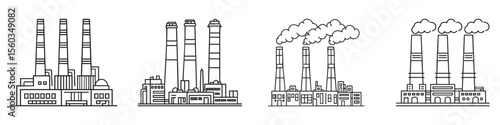 Industrial Factory Building Illustrations Set. Energy Production And Pollution Concept Collection. Isolated Vector Illustration