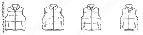 Puffer Vest Design Set. Fashion Apparel And Outerwear Collection. Isolated Vector Illustration
