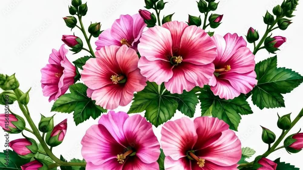 Close-up arrangement of vibrant pink hibiscus flowers with green leaves and buds against a plain white backdrop. Close-up arrangement of vibrant pink hibiscus flowers with green leaves and buds against a plain white backdrop.