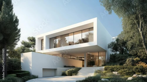 Modern white house nestled amongst lush greenery