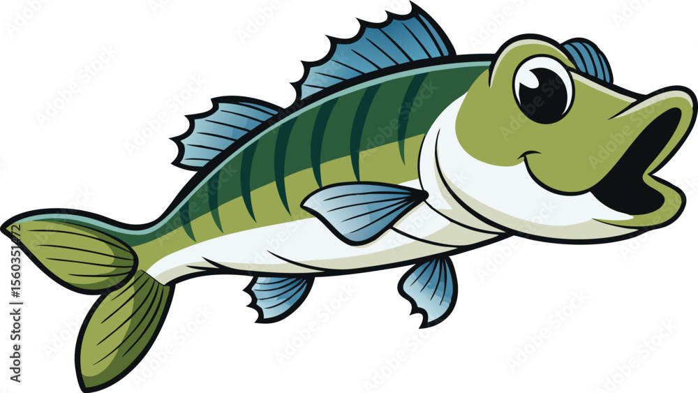 Obraz premium Bass Fish Cartoon With Fishing Hook Design.