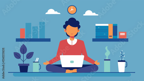 A person sitting at their desk at work with their eyes closed and hands resting on their lap taking a few minutes to meditate amidst a busy day. This illustrates the importance and. Vector