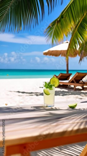 Refreshing mojito cocktail on wooden table with tropical beach and turquoise sea in the backdrop, under palm tree leaves