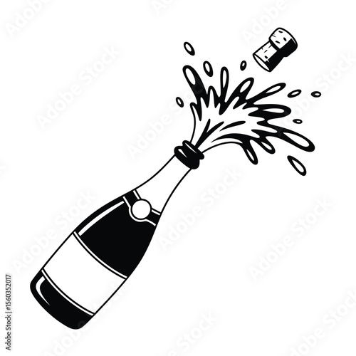 Champagne bottle popping with splashing liquid and flying cork in black and white