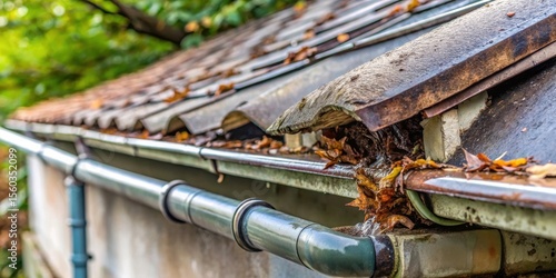 Wallpaper Mural Autumn Leaves Clog Guttering System on Old House Roof Causing Overflow and Water Damage Torontodigital.ca