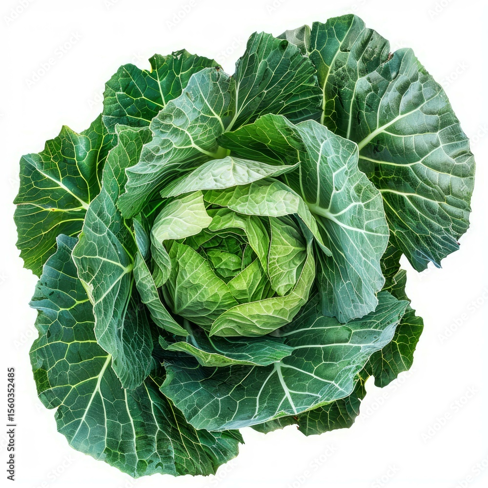 Fototapeta premium This vibrant green cabbage showcases its tightly packed leaves, creating a beautiful and intricate pattern
