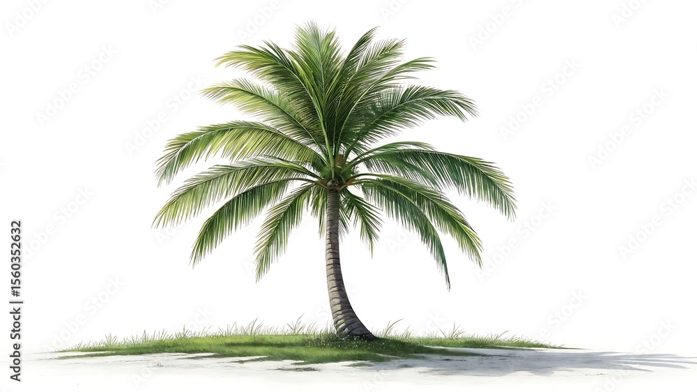 Obraz premium Lush green palm tree on sandy ground tropical leaves