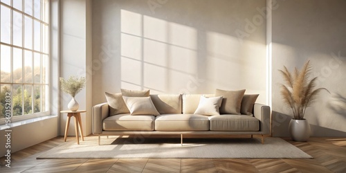 Sunlight Illuminates a Calm and Serene Living Room Featuring a Beige Sofa, Natural Decor, and a Large Window