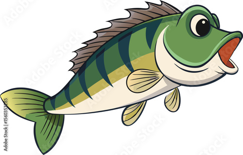 Cartoon Bass Fish Catching Hook Illustration.