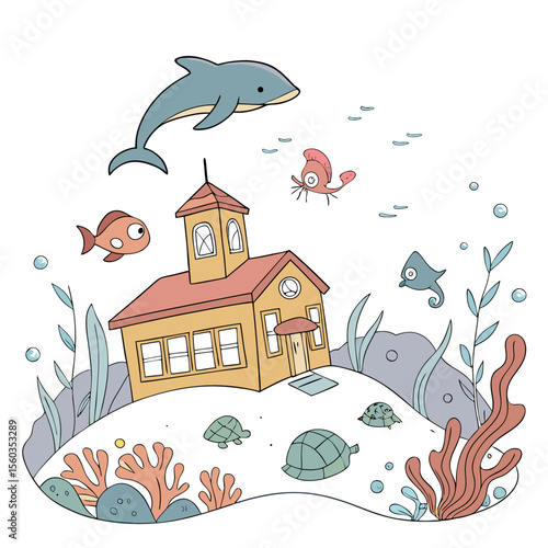 Illustration of a house underwater surrounded by marine life including fish dolphin and turtles drawing