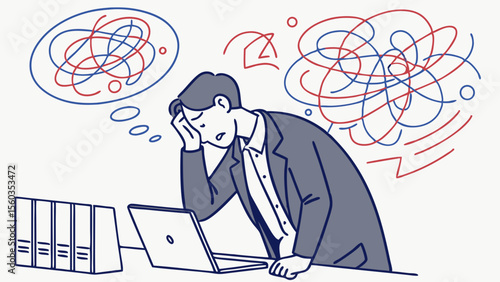 Overwhelmed businessman facing stress and anxiety, seeking mental health solutions through planning, emotion management, and frustration control