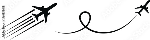 Airplane in flight with a trail symbol. Aircraft icon featuring a trace path. Clear PNG and vector graphic.


