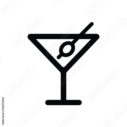 Simple black line art icon of a martini glass with an olive on a pick