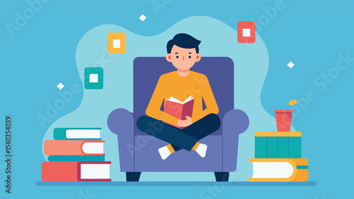 A person sitting in a cozy chair surrounded by memory books and smiling with contentment representing the nostalgia and comfort of revisiting old memories.. Vector illustration