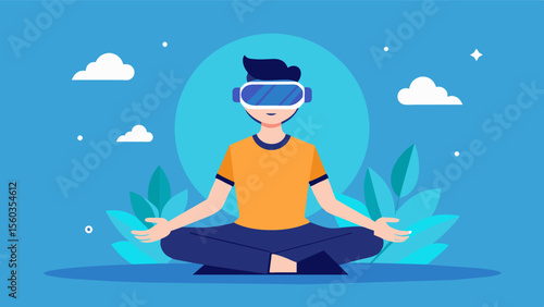 A teenager using a virtual reality headset to practice mindfulness exercises and manage their anxiety in a safe and immersive environment.. Vector illustration