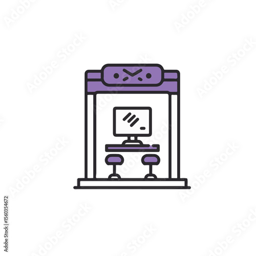 A purple information booth icon with desk and computer.