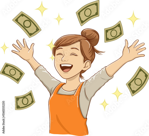 Happy Girl Holding Money Cartoon Vector Illustration