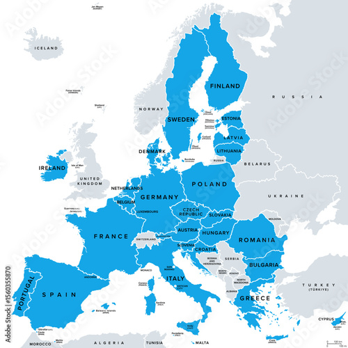 European Union, member states of the EU, political map. Economic and political union of 27 member states, colored in blue. Map with single countries with international borders, labeled in English.