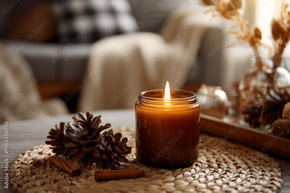 A cozy indoor setup with lit candles, pine branches, and cinnamon sticks creating a warm holiday ambiance. A cozy indoor setup with lit candles, pine branches, and cinnamon sticks creating a warm holiday ambiance.