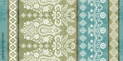 floral pattern vintage ethnic modern embroidery texture boho design vector illustration hand drawn pink flower motif branches leaves wallpaper seamless background border.	