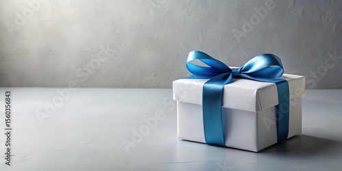 A pristine white gift box adorned with a vibrant blue satin ribbon, meticulously tied in a perfect bow, rests on a smooth, neutral-toned surface against a subtly textured backdrop.