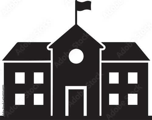 Silhouette of Classic School Building with Flag Symbolizing Education and Community in Vector Design, Emphasizing Simplicity and Timelessness