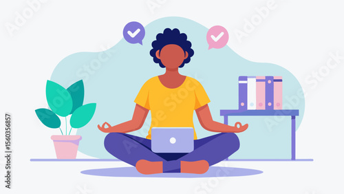 A person taking a break from caregiving responsibilities by using a virtual meditation or relaxation app with a caption that reads Virtual selfcare for caregivers.. Vector illustration