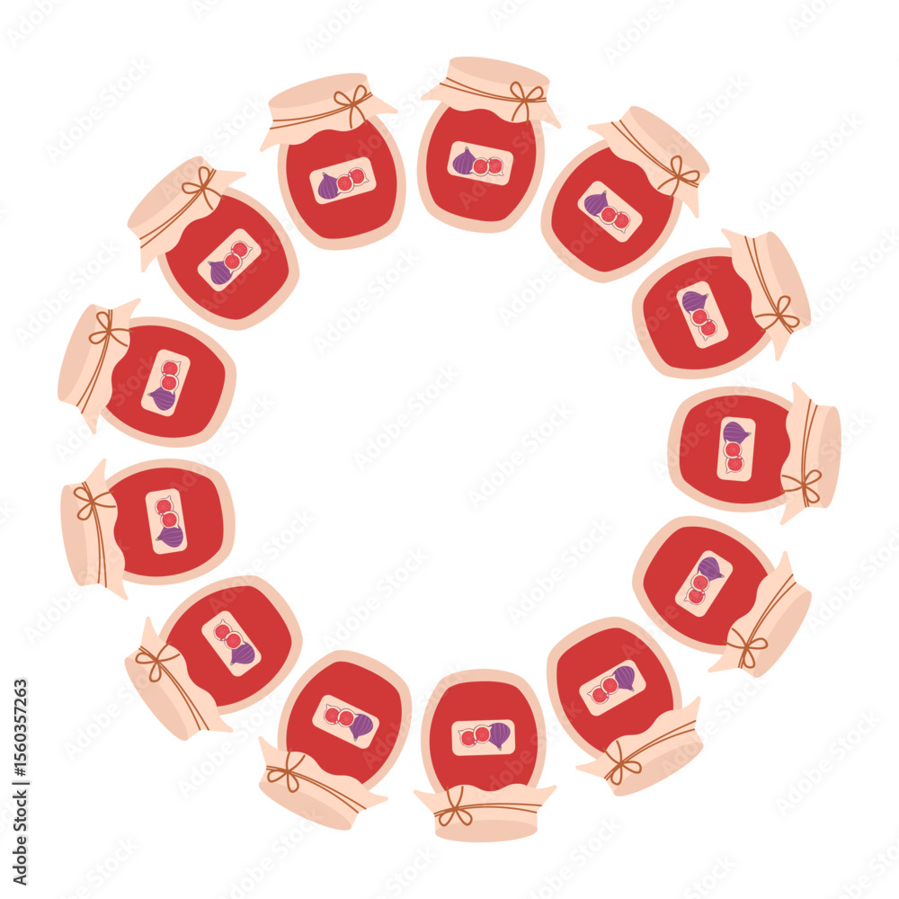 Fall themed vector round frame with jars of jam in flat design. Hand drawn flat illustration for banners, cards, social media Fall themed vector round frame with jars of jam in flat design. Hand drawn flat illustration for banners, cards, social media