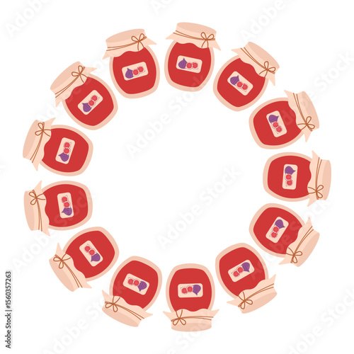 Fall themed vector round frame with jars of jam in flat design. Hand drawn flat illustration for banners, cards, social media