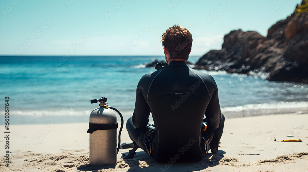 Fototapeta premium deporte de buceo un hombre sentado a la orilla del mar con su tanque de oxigeno y su traje de neopreno listo para disfrutar de la vida marina 