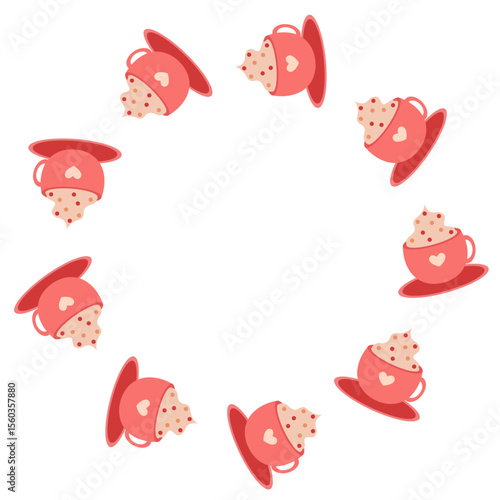 Flat style fall frame with hot chocolate mugs. Autumn hand drawn vector illustration for banners, cards, social media