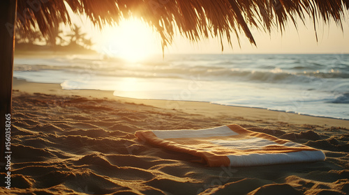 una toalla en la arena bajo una palapa para disfrutar de un hermoso dia al atardecer en la playa a la orilla del mar lugares de relajacion y tranquilidad 