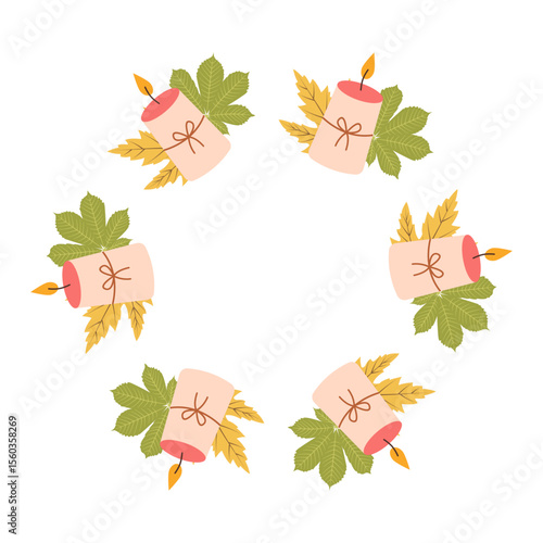 Cozy fall scene vector frame with candles with leaves in flat style. Autumn hand drawn illustration for banners, social media, cards