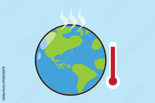 Earth overheating illustration with thermometer and steam, symbolizing global warming.
