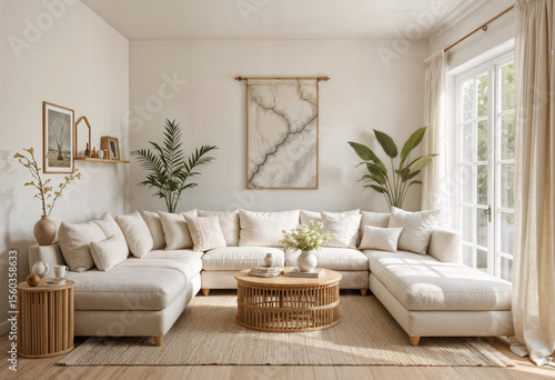 Eco-friendly living room in summer tones centered around a brightly colored modular sofa with a recycled cotton bamboo side table and airy linen curtains