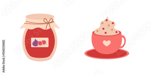 Fall cozy vector set with jar of jam and hot chocolate mug in flat style. Autumn hand drawn illustration for banners, cards, social media