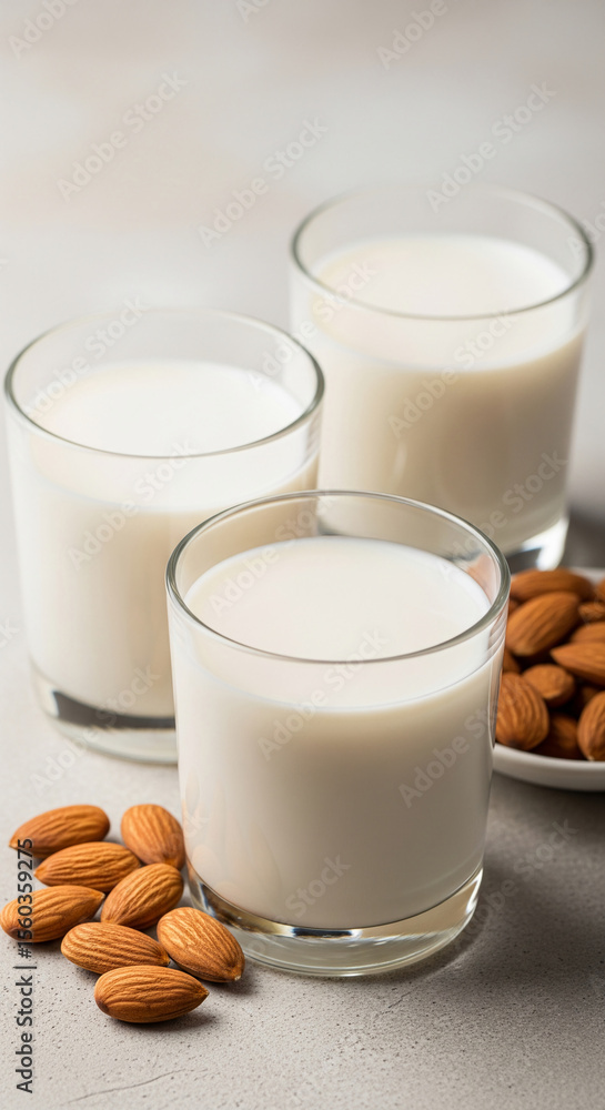 Three glasses of almond milk, with almonds scattered nearby, on a light gray surface. Image showcases healthy beverage and ingredients. Three glasses of almond milk, with almonds scattered nearby, on a light gray surface. Image showcases healthy beverage and ingredients.