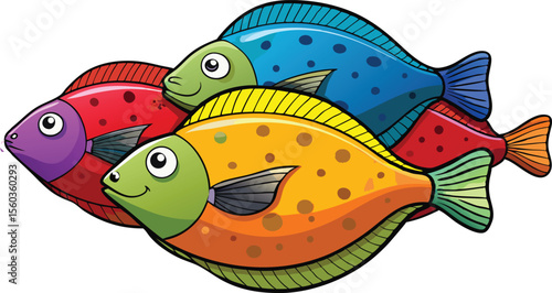 Flat Fish Group Design with Vibrant Colors.