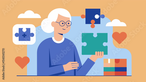 A caregiver learning about the importance of engaging seniors with dementia in activities that promote cognitive stimulation such as puzzles games and art projects.. Vector illustration