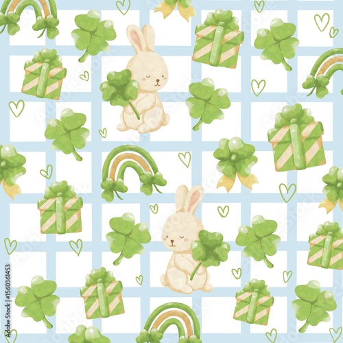Seamless Pattern with Cute Bunny and Clover Leaves – Spring and Lucky Theme Design