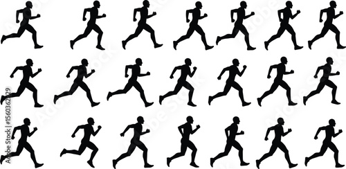  Dynamic Silhouettes of Male Runners in Various Action Poses for Fitness and Health Campaigns, Isolated Vector Graphics for Sports and Exercise Themes, 