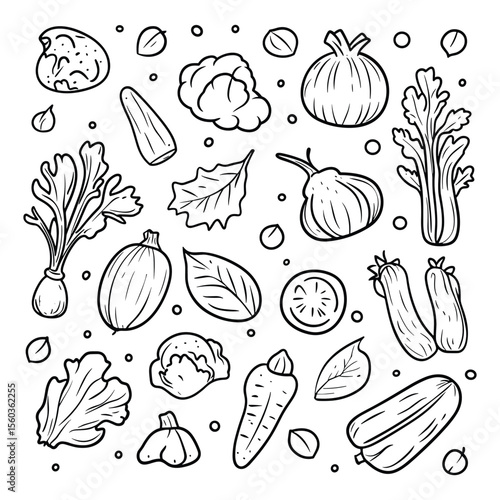 Set of hand-drawn vegetable doodles in black and white