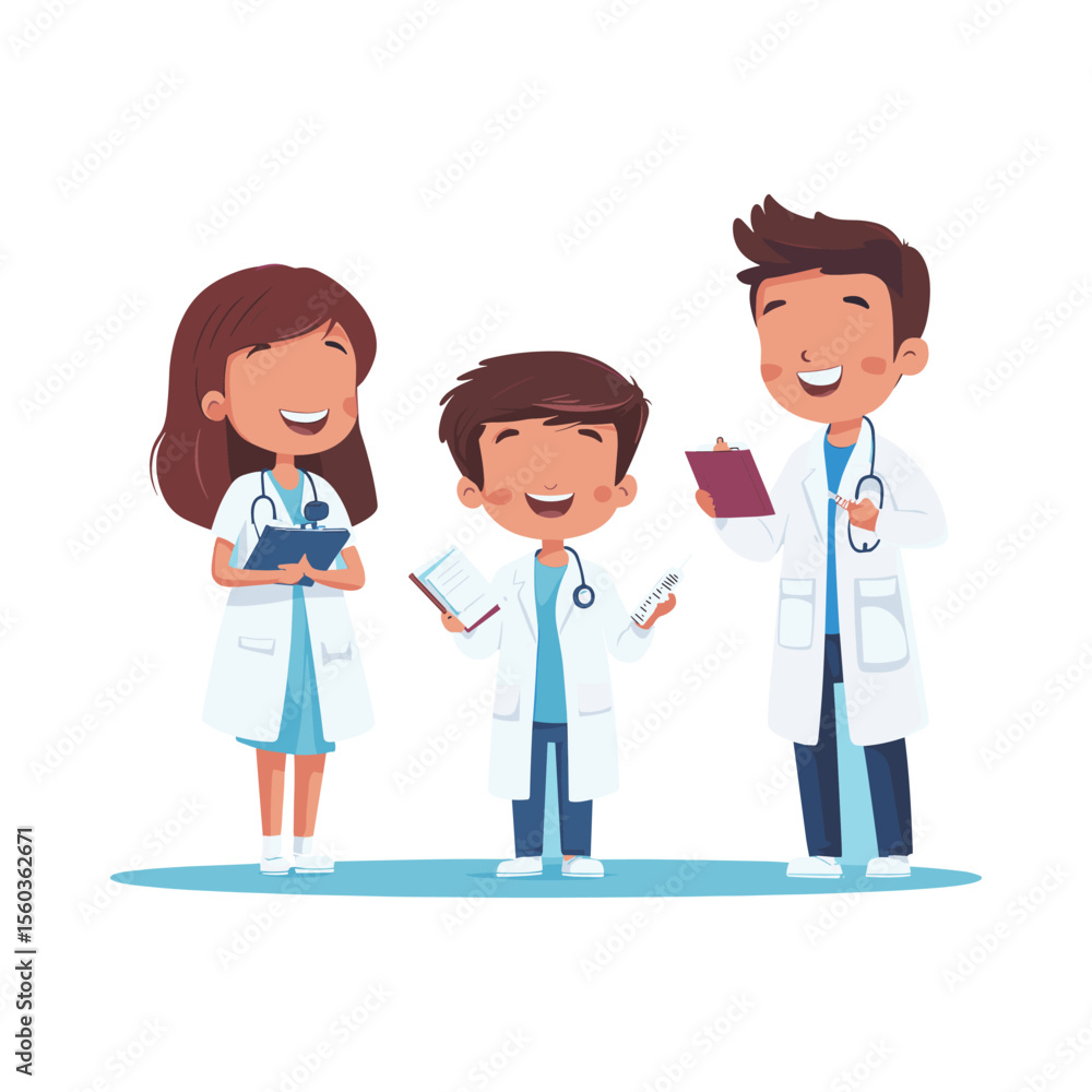 Group of young cartoon doctors and medical students Group of young cartoon doctors and medical students