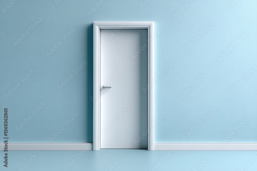 A simple, modern white door set against a serene, light blue wall, indoors. A simple, modern white door set against a serene, light blue wall, indoors.